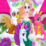 Una escena colorida con una mujer rodeada de criaturas mágicas como un unicornio, un dragón rosado y un grifo frente a un castillo de torres rosadas con un fondo de arcoíris