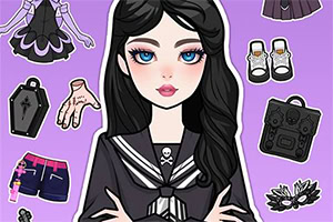 Muñeca estilo anime gótica con cabello negro, uniforme escolar oscuro y accesorios de moda sobre fondo morado