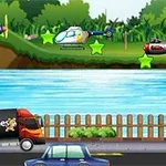 Un avión, helicóptero y vehículo volando sobre un río, con un camión y automóvil en la carretera cercana
