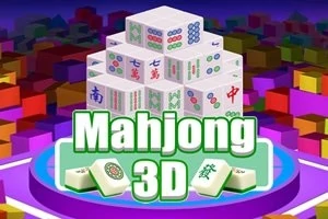 Bloques 3D con símbolos coloridos apilados sobre un fondo de cubos de colores con el texto “Mahjong 3D”