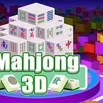 Bloques 3D con símbolos coloridos apilados sobre un fondo de cubos de colores con el texto “Mahjong 3D”
