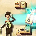 Hombre con sombrero de copa y monóculo junto a fichas de juego con ilustraciones de velas, casas y objetos variados