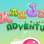 Texto colorido Mahjong Adventure con fondo de burbujas y cielo azul