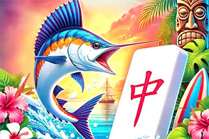 Un pez vela saltando del agua junto a una ficha de mahjong con el océano y una estatua tiki al fondo