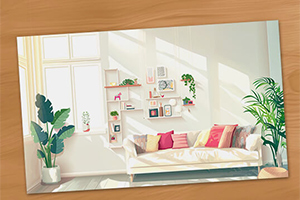 Sala de estar luminosa con un sofá blanco, cojines de colores y plantas, decorada con estantes de pared en un ambiente cálido y acogedor