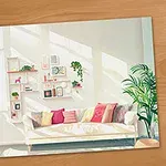 Sala de estar luminosa con un sofá blanco, cojines de colores y plantas, decorada con estantes de pared en un ambiente cálido y acogedor