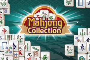 Logotipo Mahjong Collection rodeado de fichas de mahjong sobre un fondo verde con destellos