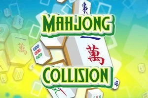 Fichas de Mahjong con caracteres chinos y el texto MAHJONG COLLISION en un fondo de tonos azules y amarillos