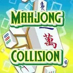 Fichas de Mahjong con caracteres chinos y el texto MAHJONG COLLISION en un fondo de tonos azules y amarillos