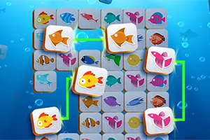 Iconos de peces coloridos conectados en un fondo azul marino con burbujas