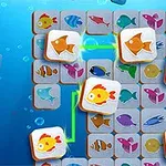Iconos de peces coloridos conectados en un fondo azul marino con burbujas