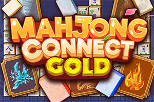 Logotipo dorado Mahjong Connect Gold sobre fichas de mahjong, cartas y llamas decorativas