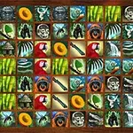 Cuadrícula de iconos coloridos con elementos de la jungla como hojas, calaveras, cascadas, y figuras humanas enmascaradas