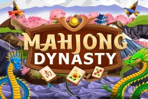 Dragones azules y verdes rodean un cartel central con la inscripción Mahjong Dynasty, rodeado de fichas de juego y un paisaje con montañas y cerezos en flor