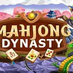 Dragones azules y verdes rodean un cartel central con la inscripción Mahjong Dynasty, rodeado de fichas de juego y un paisaje con montañas y cerezos en flor