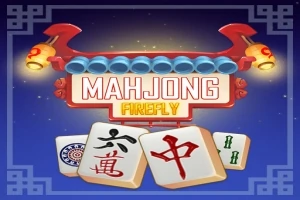 Un letrero iluminado que dice Mahjong Firefly con fichas de mahjong al frente sobre un fondo azul oscuro con bordes decorativos