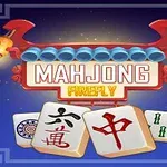 Un letrero iluminado que dice Mahjong Firefly con fichas de mahjong al frente sobre un fondo azul oscuro con bordes decorativos
