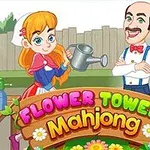 Una joven sosteniendo una regadera junto a un hombre con una pajarita y un letrero colorido que dice Flower Tower Mahjong en un jardín