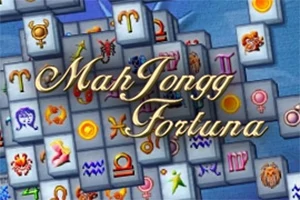 Fichas de Mahjong apiladas con símbolos astrológicos y el texto MahJongg Fortuna en el centro