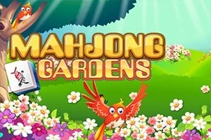 Un colorido paisaje con un jardín de flores, un ave roja en el centro y las palabras Mahjong Gardens en letras grandes