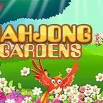 Un colorido paisaje con un jardín de flores, un ave roja en el centro y las palabras Mahjong Gardens en letras grandes