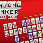 Fichas de Mahjong conectadas sobre un fondo rojo con texto decorativo en la parte superior