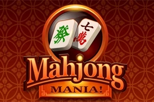 Fondo rojo con diseño de patrones geométricos, dos fichas con caracteres chinos, y texto grande que dice Mahjong Mania