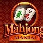 Fondo rojo con diseño de patrones geométricos, dos fichas con caracteres chinos, y texto grande que dice Mahjong Mania
