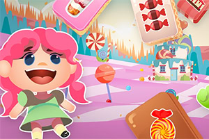 Niña con cabello rosa en un mundo de dulces con caramelos y paisajes coloridos de fondo