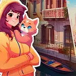 Una joven con una sudadera amarilla abraza a un gato anaranjado junto a una escena urbana colorida con fichas de dominó