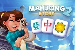 Mujer sonriente sosteniendo un gato junto a fichas de mahjong con cielo azul de fondo