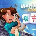 Mujer sonriente sosteniendo un gato junto a fichas de mahjong con cielo azul de fondo