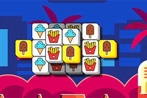 Bloques de juego apilados con dibujos de helado, papas fritas y paletas sobre un fondo colorido con palmeras y figuras geométricas