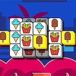 Bloques de juego apilados con dibujos de helado, papas fritas y paletas sobre un fondo colorido con palmeras y figuras geométricas
