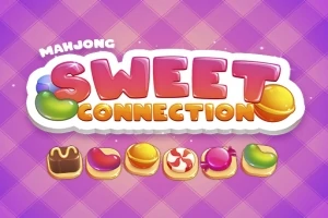 Texto colorido de Sweet Connection con dulces ilustrados sobre un fondo morado a cuadros