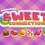 Texto colorido de Sweet Connection con dulces ilustrados sobre un fondo morado a cuadros