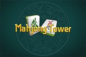Dos fichas de mahjong con caracteres chinos enfrente de un fondo verde oscuro con el texto Mahjong Tower en letras amarillas