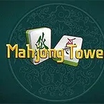 Dos fichas de mahjong con caracteres chinos enfrente de un fondo verde oscuro con el texto Mahjong Tower en letras amarillas