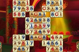 Fichas de números y letras dispuestas en una estructura sobre un fondo colorido y luminoso con sillas y mesas