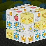 Cubo tridimensional con imágenes de estrellas, coronas, flores y manzanas sobre un fondo de cuadrícula con tonos verdes y azules