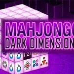 Cubo tridimensional con símbolos de Mahjong y texto Mahjongg Dark Dimensions en un fondo morado