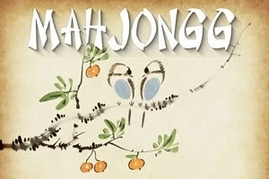 Texto grande que dice MAHJONGG sobre un dibujo de dos pájaros estilizados en una rama con hojas y frutas