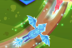 Un dragón azul volando sobre un camino rodeado de luces verdes brillantes