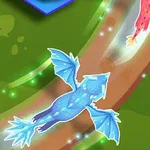 Un dragón azul volando sobre un camino rodeado de luces verdes brillantes