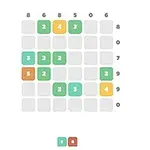 Cuadrícula de 6x6 con números en celdas de colores verde, naranja y aqua, algunos etiquetados con números del 2 al 5