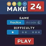Interfaz de selección de modo y dificultad de un juego de matemáticas, mostrando opciones como Practice y Arcade, con un botón rojo de Play