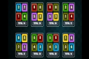 Conjunto de tarjetas de colores con números y totales en una cuadrícula