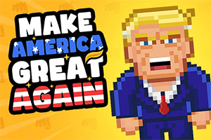 Caricatura pixelada de una persona rubia con traje azul y texto Make America Great Again en fondo amarillo