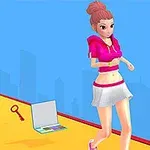 Joven con cabello rosa y ropa deportiva corriendo en una plataforma, con una llave, un perfume y una laptop en el suelo