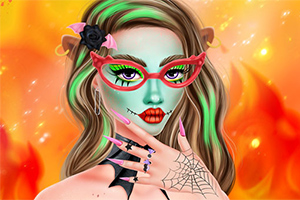 Mujer con piel verde, usando anteojos rojos y maquillaje llamativo, con telarañas en el cuello, uñas largas y fondo de llamas
